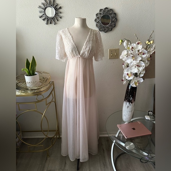 1960's Empire Waist Peignoir Val Mode Robe 2 Layer Sheer Chiffon Nylon Lace Sz M - Picture 1 of 4